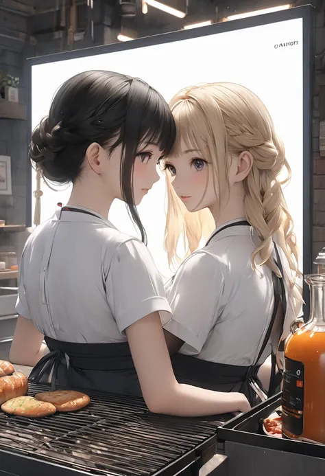 two women sitting on the ground cooking food on a grill, cooking, two beautiful  anime girl,  anime girl, cooking it up,  guweiz style artwork,  realistic anime 3d style in the style of Kantai Collection, Alena Enami and Lilia Alvarado , Anime Style 4k, WL...