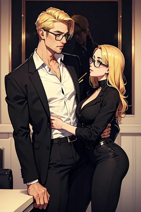 Blond man in glasses and a black toothpick in black pants with kissing woman