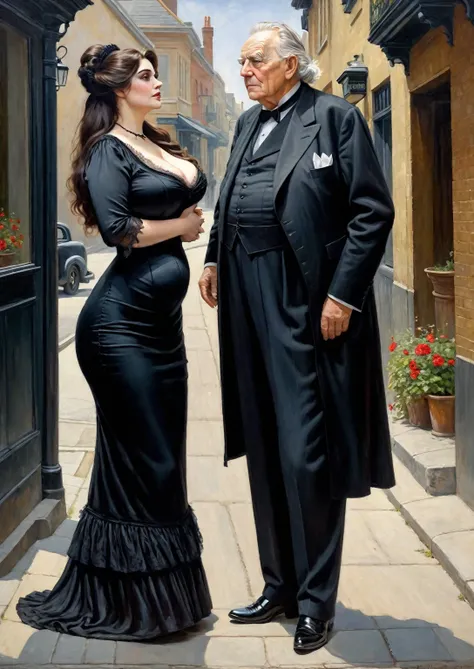 Full body view, a  voluptuous buxom, fully figured, very long hair, brunette, mature victorian widow in a black dress standing the corner of a street hugging  seductively with an elderly gentleman, oil painting 