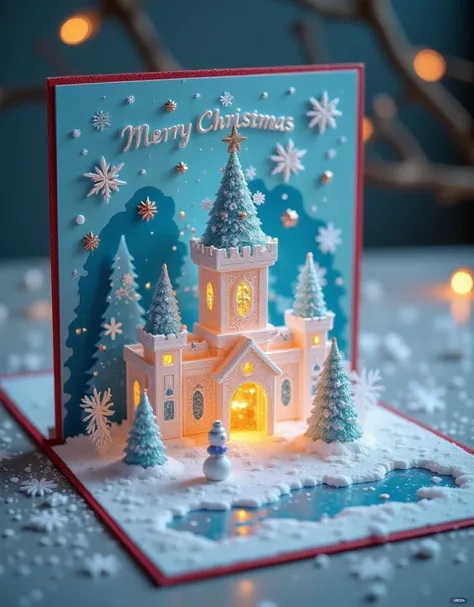  a realistic close-up photo of a handmade Christmas pop-up card， are made entirely of carefully cut and folded paper or cardstock . The card opens ,  revealed a carefully crafted 3D scene made of layered paper :  A magnificent ice and snow castle , is surr...