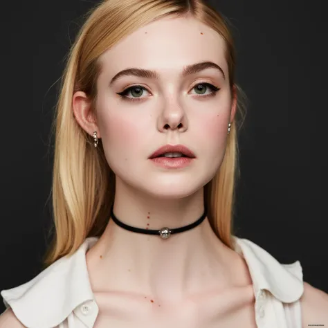 High res waA closeup portrait photo of a beautiful woman with subtle eye-linear and eye-shadow to accentuate her eyes with straight blonde hair who gazing directly at the camera with a neutral expression. She is wearing a tight thin black choker with a sma...