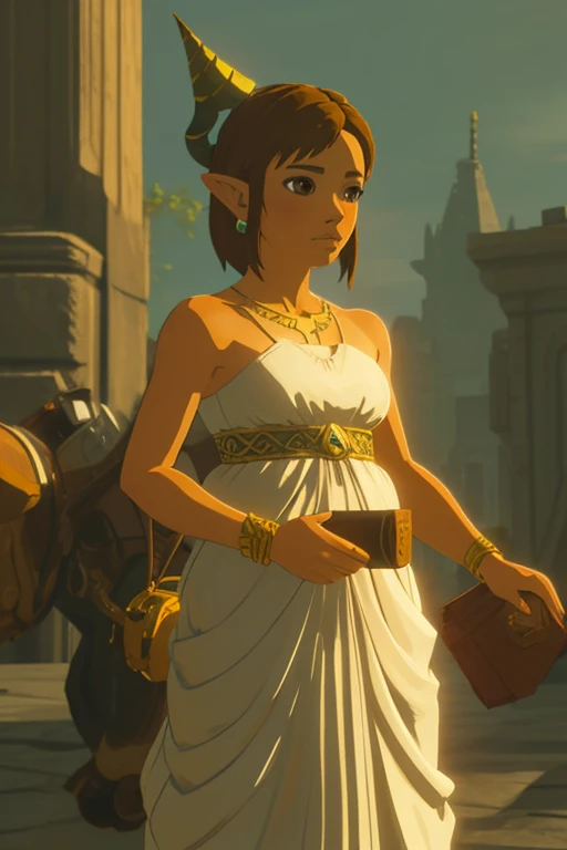 botw style, Princess,  a girl, blows, breasts,   white dress  ,  Horn damper,   bare shoulders  ,  brown eyes, jewelry,   short hair with bangs ,   dark brown hair,(city), outdoors,   pointy ears, small breasts, alone, Standing,   upper body,  ((  masterpi...