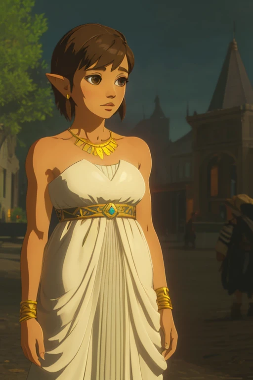 botw style, Princess,  a girl, blows, breasts,   white dress  ,  Horn damper,   bare shoulders  ,  brown eyes, jewelry,   short hair with bangs ,   dark brown hair,(city), outdoors,   pointy ears, small breasts, alone, Standing,   upper body,  ((  masterpi...