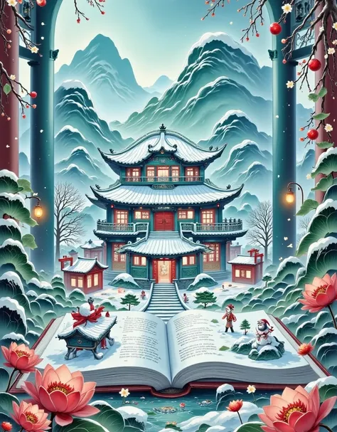 JQZX,This image is a highly detailed, CGI-rendered illustration of a fantastical scene within an open book. The scene depicts a serene, snow-covered courtyard with traditional Chinese architectural elements, showcasing a harmonious blend of modern and trad...