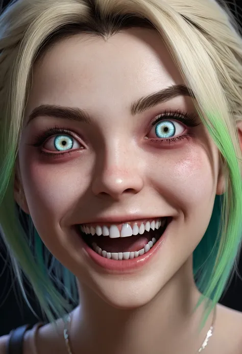 wild girl,crazy a wide smile with triangular teeth,heterochromia,eyes of different colors,horror dark,high quality,digital art,3d realistic,anime 3d