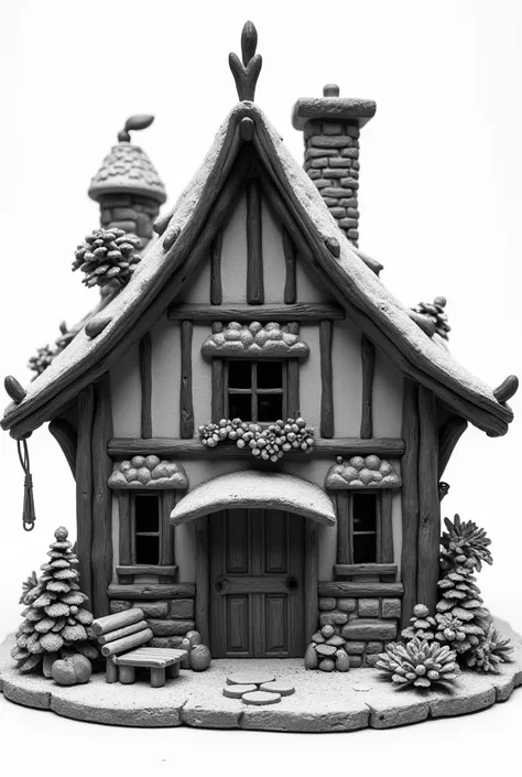 Tatouage en noir et blanc 
Cuisse
Une maison en pain dépices de la sorcière, du conte hansel et gretel 
La maison est entièrement décorée de confiseries 
Dessin en hyper réalisme
Isole sur fond blanc 
Qualité 4k