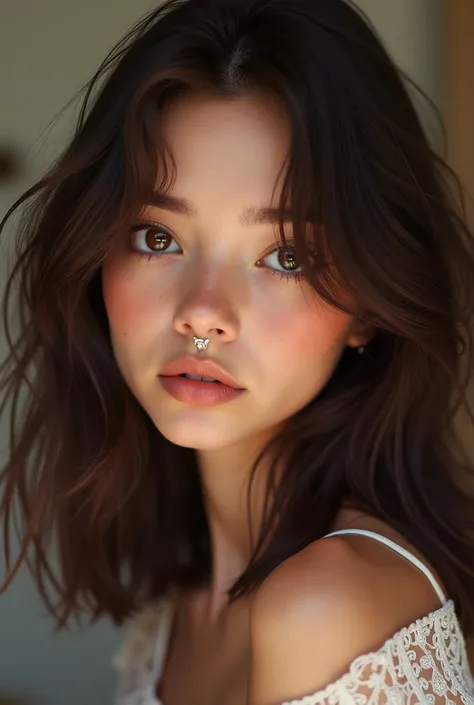 Create a girl of about 25 years old, a brunette with dark brown hair at shoulder height, light brown eyes, large and expressive, who wears lenses, that her nose is small and pretty and has thin and sexy lips, that she has a nose piercing and her face is pr...