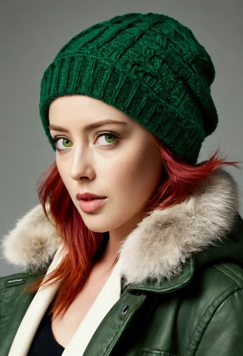 Red hair, green eyes, amber heard, pixie, Winter, Beanie, jacket