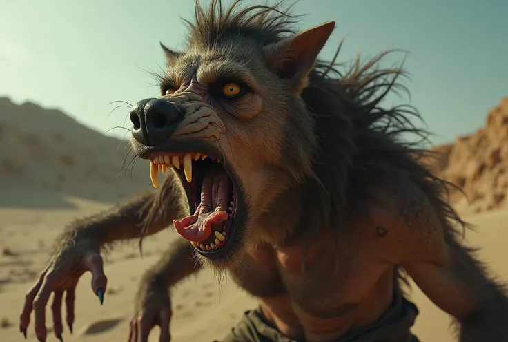 A dramatic close-up of an Iraqi villager transforming into a werewolf. His face elongates into a snout, fur erupts from his skin, and his body contorts painfully under the moonlight.