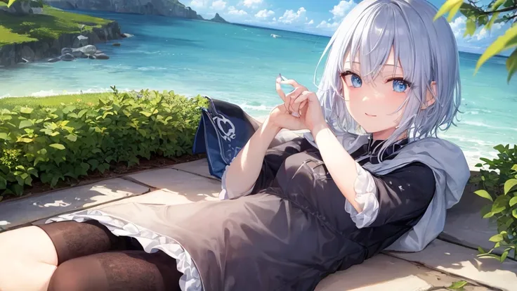  white hoodie 、 black shirt 、Ultra HD, Watch viewers with a beautiful sunset in the background , and, 20 years old, 非常に short hair,  long bangs between eyes, Pale blue eyes,  very detailed,(masterpiece、 top quality ),Gray Hair、Laughter、 amazing,  Silver Ha...