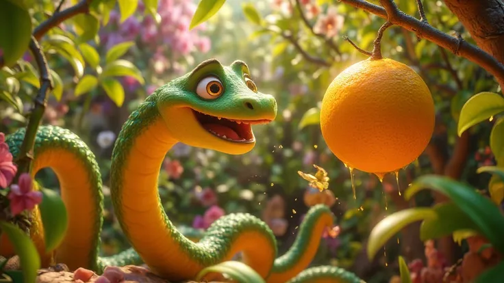 Style: Inspired by Disney-Pixar style films and promotional posters, with a focus on vibrant emotions and magical details.
Character Characteristics:

Character Characteristics:

Green Snake, caricatured, funny and fun appearance, yellow chest, filmed in a...