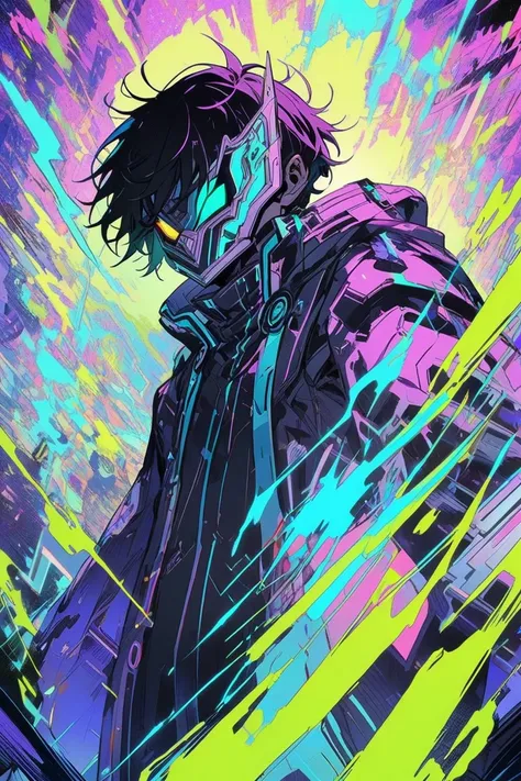 An anime boy ,High Resolution, with a floating book, wearing a futuristic mask,neon background 