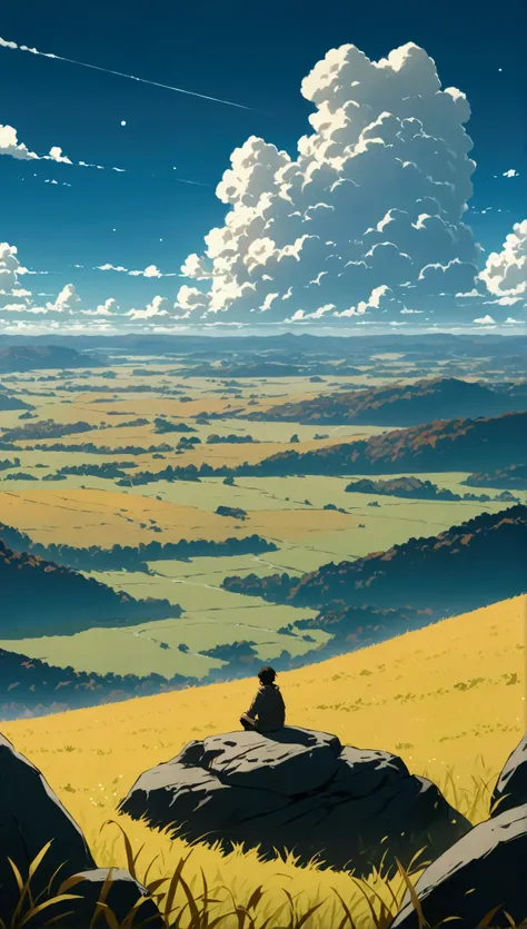 cloudy, anime style textured clouds Boy sitting on a rock in an autumn meadow with lots of clouds, A boy sitting in a cloudy autumn meadow looking at the vast sky, tall grass, cloudy sky, Makoto Shinkai Cyril Roland, Anime art wallpaper 4k, Anime art wallp...