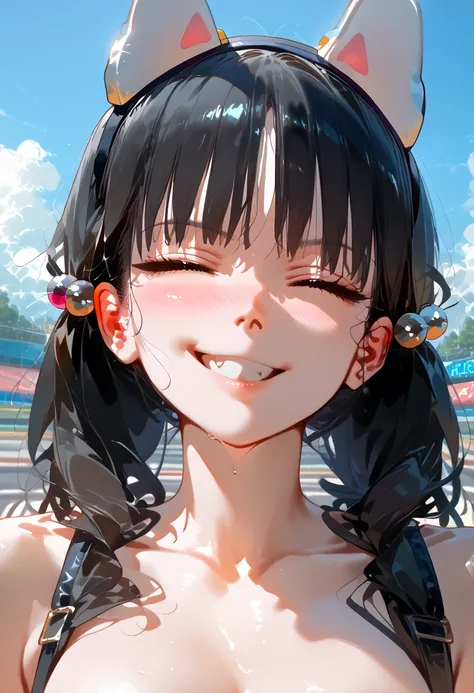 black hair, hair bobbles, wince, longeyelashes, fake animal ears, light smile, ear blush, fang, ccurate, Surrealism, drop shadow, anaglyph, stereogram, tachi-e, pov, atmospheric perspective, 8k, super detail, best quality