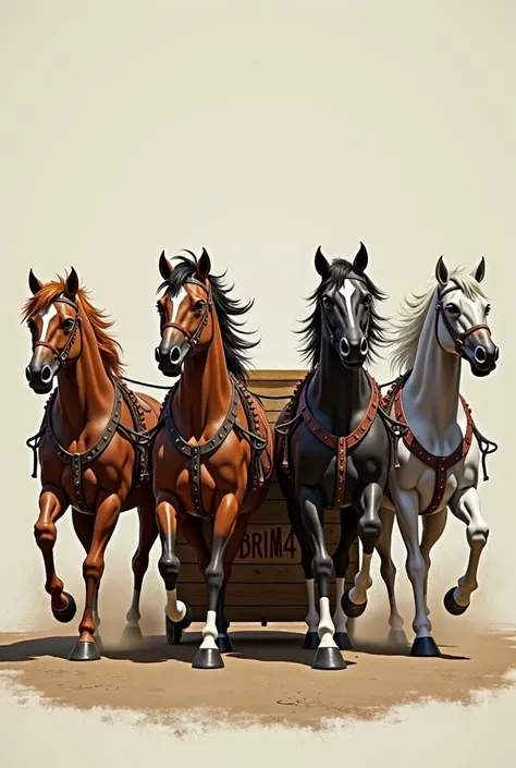 4 muscular horses of different colors pulling an extremely large wooden crate that has BRIMB4 written in red