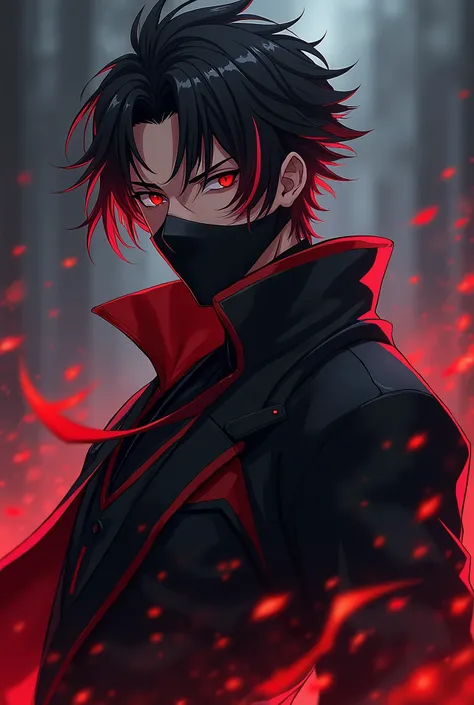  male anime character , high,  black clothes with red details,  mask covering the mouth, Move red hair , dark clothes, Anime 4K, short hair, whole body,  red eyes 