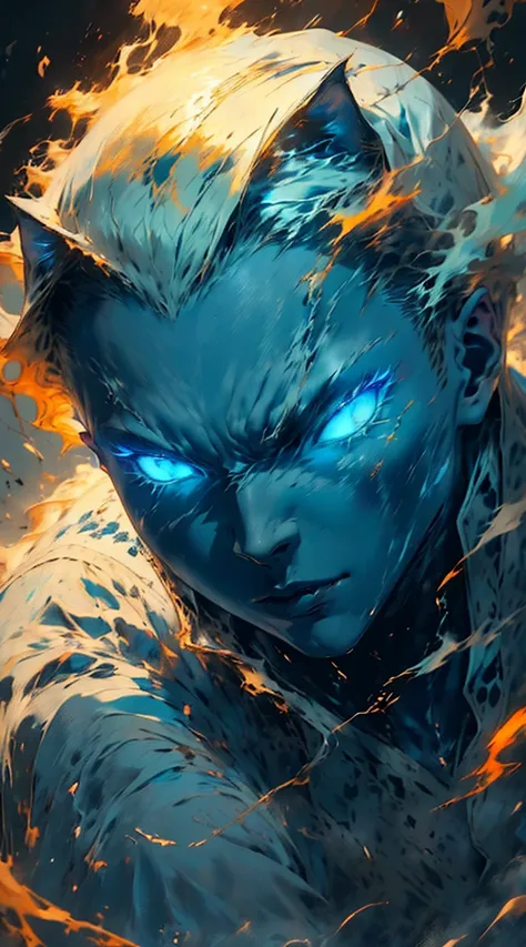 (best quality, highres, ultra-detailed, realistic:1.37), close-up portrait of a handsome man, with bright, shining blue eyes emitting a blue smoke-like aura, cat-like black pupils, spiky snow-white hair that is highly defined and super detailed