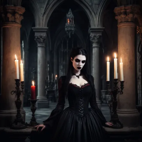 Vampire in a gothic castle, dark romance style, elegant yet menacing, candlelit ambiance.