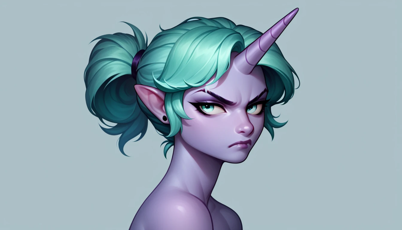  A unicorn with purple skin , her eyes are blue ,  her hair is dark green with light green blending together,  she is looking at something out of the frame with an expression of disgust 