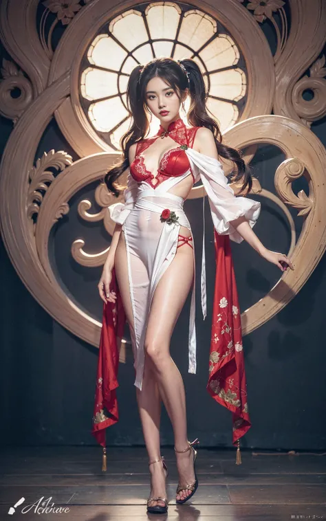 Beautiful Asian woman, redand white lace lingerie, wood carved rose window 