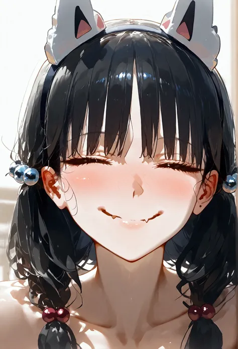 black hair, hair bobbles, wince, longeyelashes, fake animal ears, light smile, ear blush, fang, ccurate, Surrealism, drop shadow, anaglyph, stereogram, tachi-e, pov, atmospheric perspective, 8k, super detail, best quality