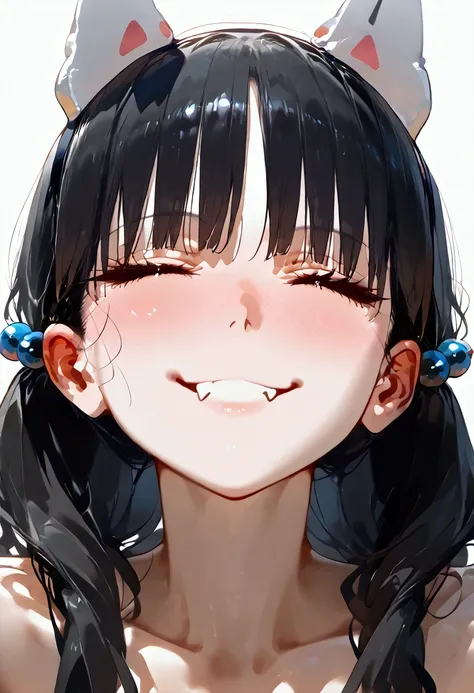 black hair, hair bobbles, wince, longeyelashes, fake animal ears, light smile, ear blush, fang, ccurate, Surrealism, drop shadow, anaglyph, stereogram, tachi-e, pov, atmospheric perspective, 8k, super detail, best quality