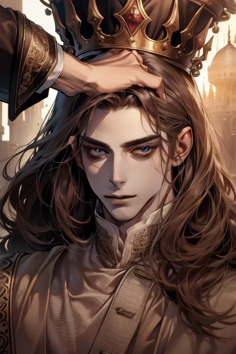 1 male, adult, handsome, tall and lean, prince, royalty, calm face, finely detailed eyes, long dark color hair with bangs, dark fantasy, detailed face, close up