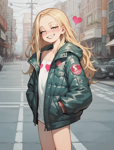 score_9, score_8_superior, score_7_superior, one person , girl(, flat chest, ,  blonde  long hair, jagged teeth, half closed eyes, , jacket, hands in pockets, hunchback, rounded shoulders, blush, smile, looking at viewer, ),  , heart, on street