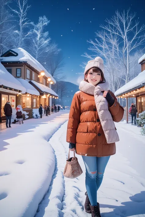 Anime girl, in real life background, (winter, snow, night)