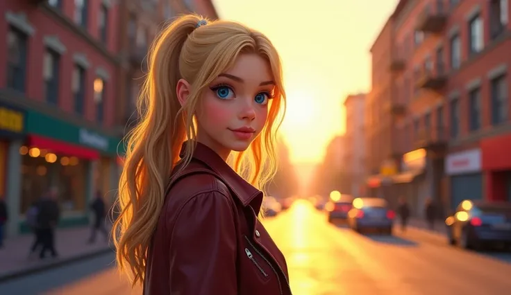 "A realistic depiction of a vibrant urban street at sunrise, with realistic a young blue-eyed blonde standing with confidence, wearing a leather jacket. The background shows detailed buildings and a peaceful ambiance.