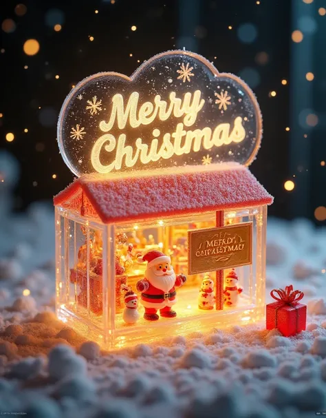 with "Merry Christmas",top view,surreal scene,Christmas,3D cartoon style,digital illustration of a rural,Christmas store,clear glass. Above it says:a huge logo surrounded by Snow. The sky is gold with snowflakes floating above the store,there is a cute San...