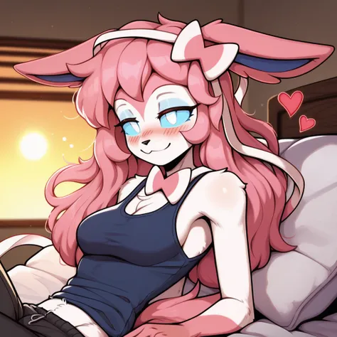 Waking Up, slight smile, 1girl, anthro, furry, fur, fluffy fur, fluffy big fluffy pink tail, sylveon girl, pink hair, medium/long hair, soft/messy hair, (19 years), white eyes, blue sclera, glowing eyes, very tired eyes, medium breast, thicc thighs, lots o...