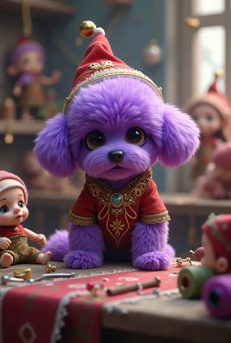 A purple-haired Bichon dog  , Wearing elf clothes ,  at Santa Clauss factory to make dolls , 