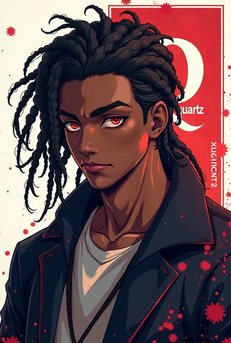  Male character, with dreadlocks ,  black skin,  and a Q next to the image ,  with the word Quartz under ,  in addition to wearing Quincy clothes(bleach),  anime style  