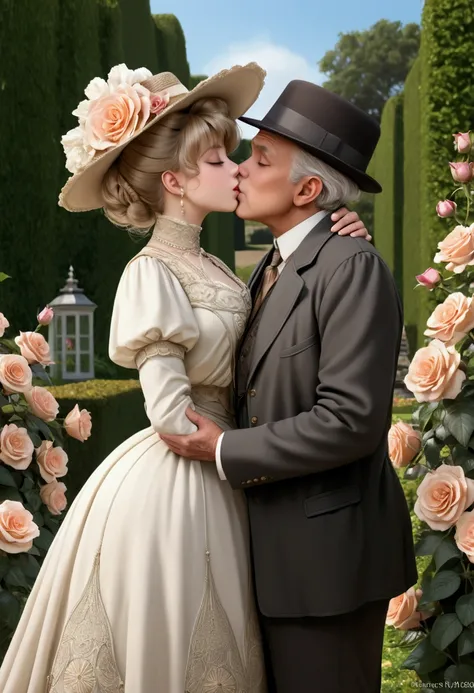 a beautiful, well-endowed 14-year-old blonde Gibson Girl wearing an elegant Edwardian gown and wide-brimmed hat, 1900_dr3ss standing in a lush rose garden, ((kissing a 75yo male suitor)), 1902, realistic, pretty young girl and horny old man, photorealistic...