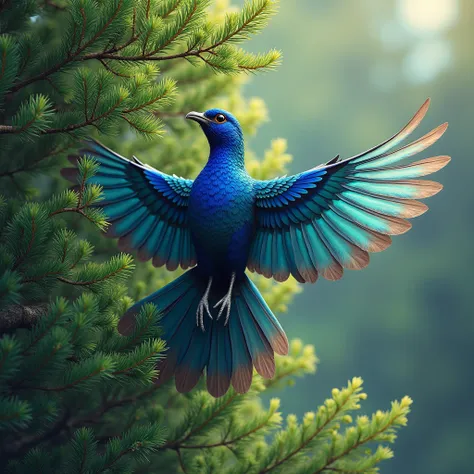 A beautiful bird, emerging from a juniper tree, illustrations 