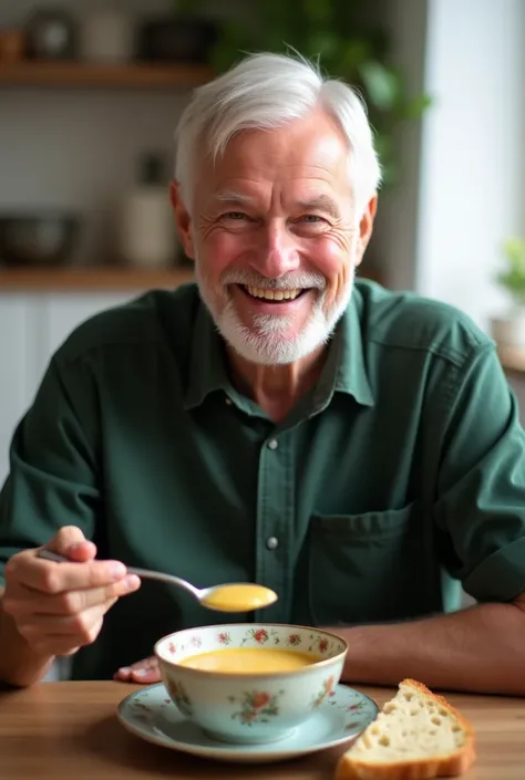 This image depicts an older man with white hair, smiling while eating soup. He is holding a spoon with soup in it and looking directly at the camera. He wears a dark green button-up shirt and sits at a table set with a bowl of soup and bread. The setting a...