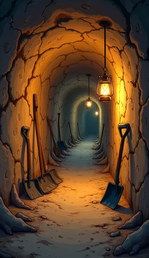  A cartoon-style underground tunnel ,  with dirt walls and exaggerated cracks .  Animated lanterns hanging from the ceiling cast a yellowish light,  creating dramatic shadows . Tools such as shovels and pickaxes ,  all with exaggerated and worn details , a...