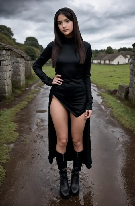 (((Girl ))) , sexy teenage girl  ,1.56 m : Height  ,Wearing rock black long dress, Wearing black, Stephanie |  wearing knee-length boots,Long straight dark black hair, standing.In a village,.. Rainy ground,((Very cloudy skies with dark clouds...,people in ...