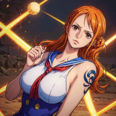 (masterpiece, top quality, 4K, 8k,     High Definition   , 最高masterpiece:1.2),   super detailed , (  realistic  , photo  realistic  , photo-  realistic  :1.37),    Maintaining Anime Style   ,   Nami in One Piece,  Light Orange Hair  , beautiful hairstyle ,...