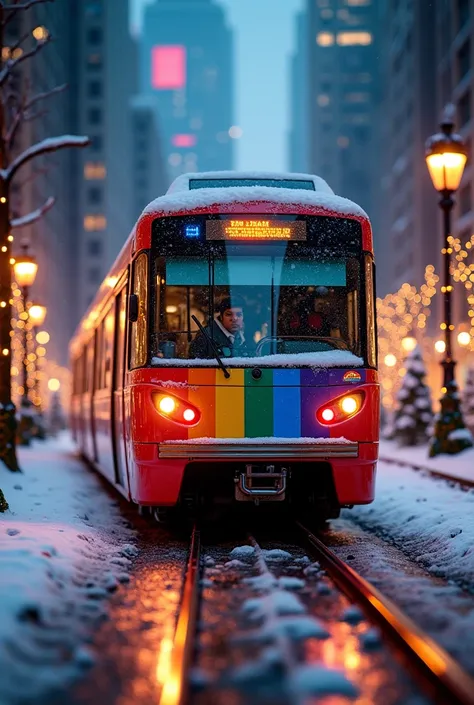 Create a Christmas card with a MTB subway car and the LGBTQ flag 