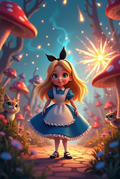 Alice in Wonderland animated version fireworks games eliminating meteorites and putting on more bursts of pyrotechnics