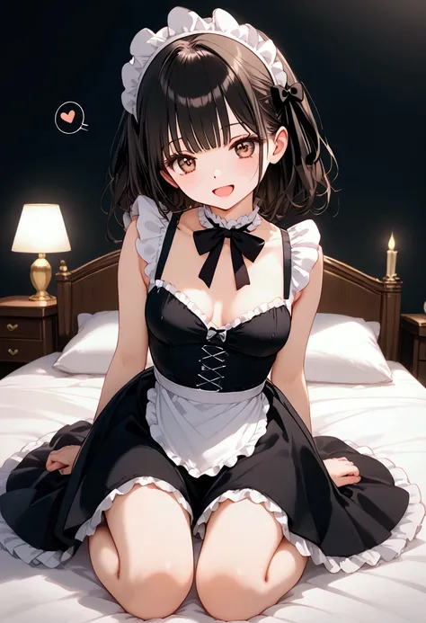 nstw, ((masterpiece)), ((best quality)), (ultra-detailed), ((sexy)), (ero), ((midium breasts)), full body, realistic skin, high quality skin, On the bed in the love hotel , a cute girl, 1girl, solo, wearing maid costume, beautiful black hair, twin tale hai...