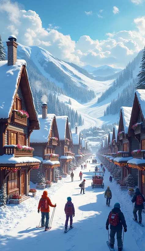 A winter ski town with snow fall