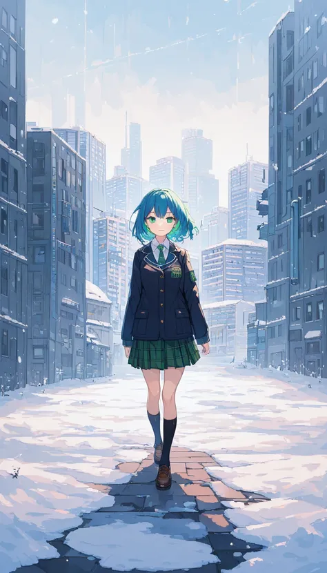  top quality ,  Ultra High Resolution , One girl ,Alone, full body ,snow,city,,  blue hair, green eyes,ＪＫ, school uniform,video game-like background,