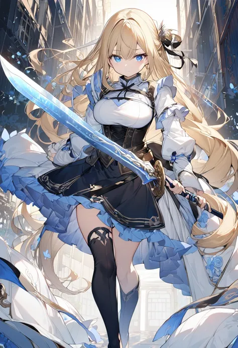 
1girl,solo, long hair, cute, cute,whole body、Blonde、Blue Eyes、Swordsman Girl、剣を携えた、 blue and white clothes、 black corset、 ruffle miniskirt carrying a sword、 open-chest clothes carrying swords、 dress、Big Breasts、 pretty girl、 tsundere、