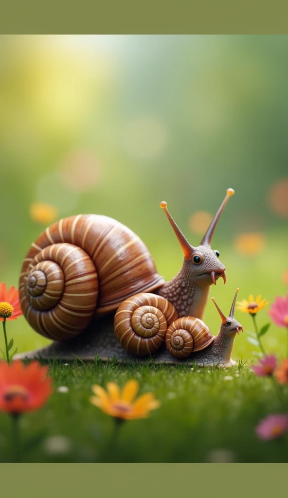 A mommy snail,  a daddy snail and a baby snail next together.  standing in a green field between colorful flowers as in a family picture 

Realistic high resolution,  anatomically correct, 