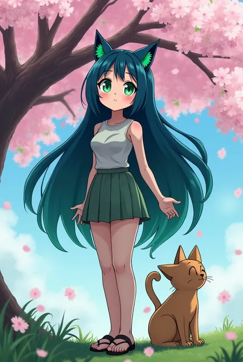  girls with curvy build ,  Long blue hair with green color contrasts ,  She is standing under a cherry tree where blossoms fall down, She likes cats ,  she has big green eyes with long eyelashes, draw style from my hero academia