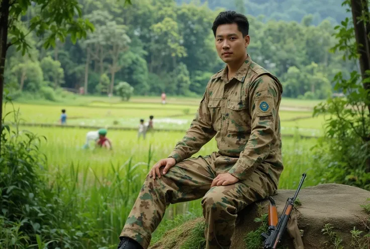 A realistic photo taken by a professional photographer of a peaceful yet powerful moment in the forest. The main subject is an obese Asian male soldier, standing at 180 cm tall, weighing 110 kg, He is sitting confidently on the edge of a bunker, exuding st...