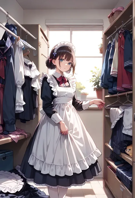 ((masterpiece, best quality, ultra detailed, high resolution, detailed facial description)), (1 girl:1.3), (underwear only:1.3, frilled lace underwear:1.1), (undress:1.3, Changing clothes:1.3), (closet, Maid uniform on a hanger), (A view from inside the cl...